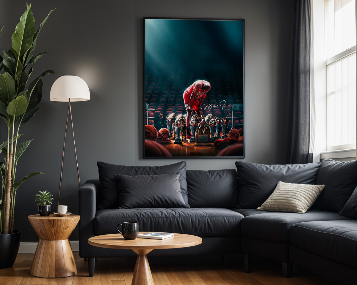 Michael Jordan Championship Legacy basketball wall art displayed in a modern living room