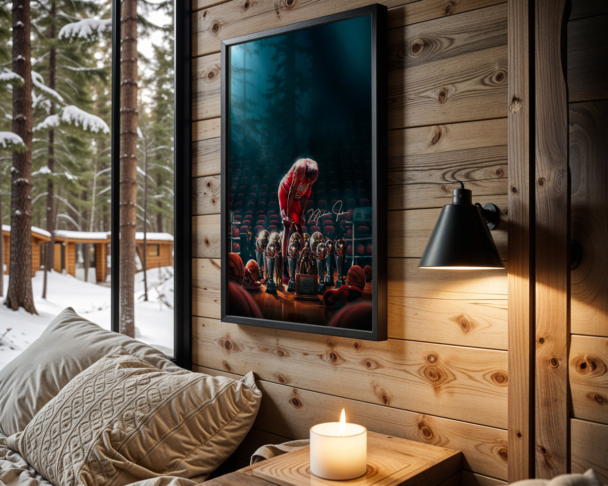 Michael Jordan Championship Legacy framed basketball artwork in a cabin interior