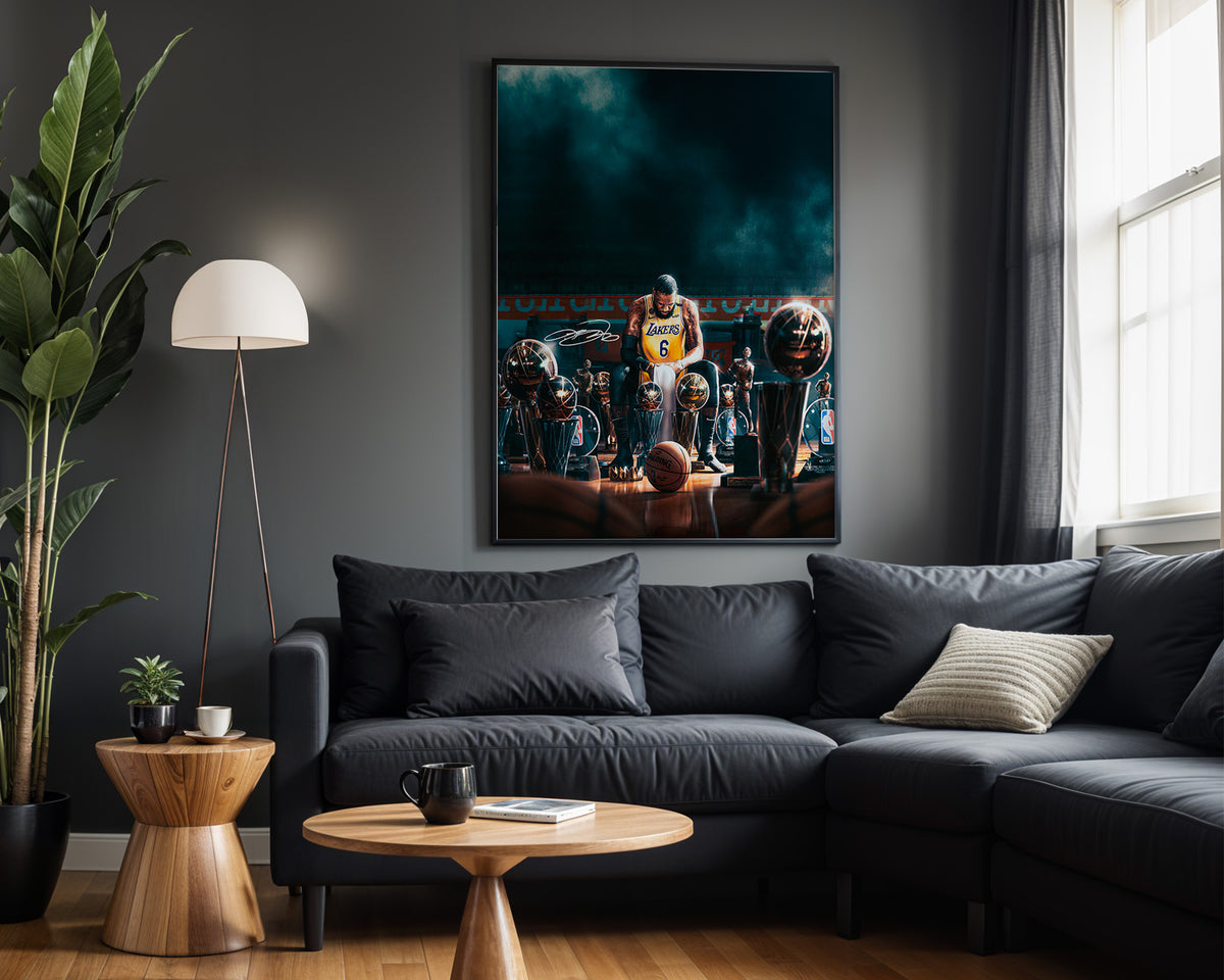 LeBron James Championship Legacy basketball wall art displayed in a modern living room