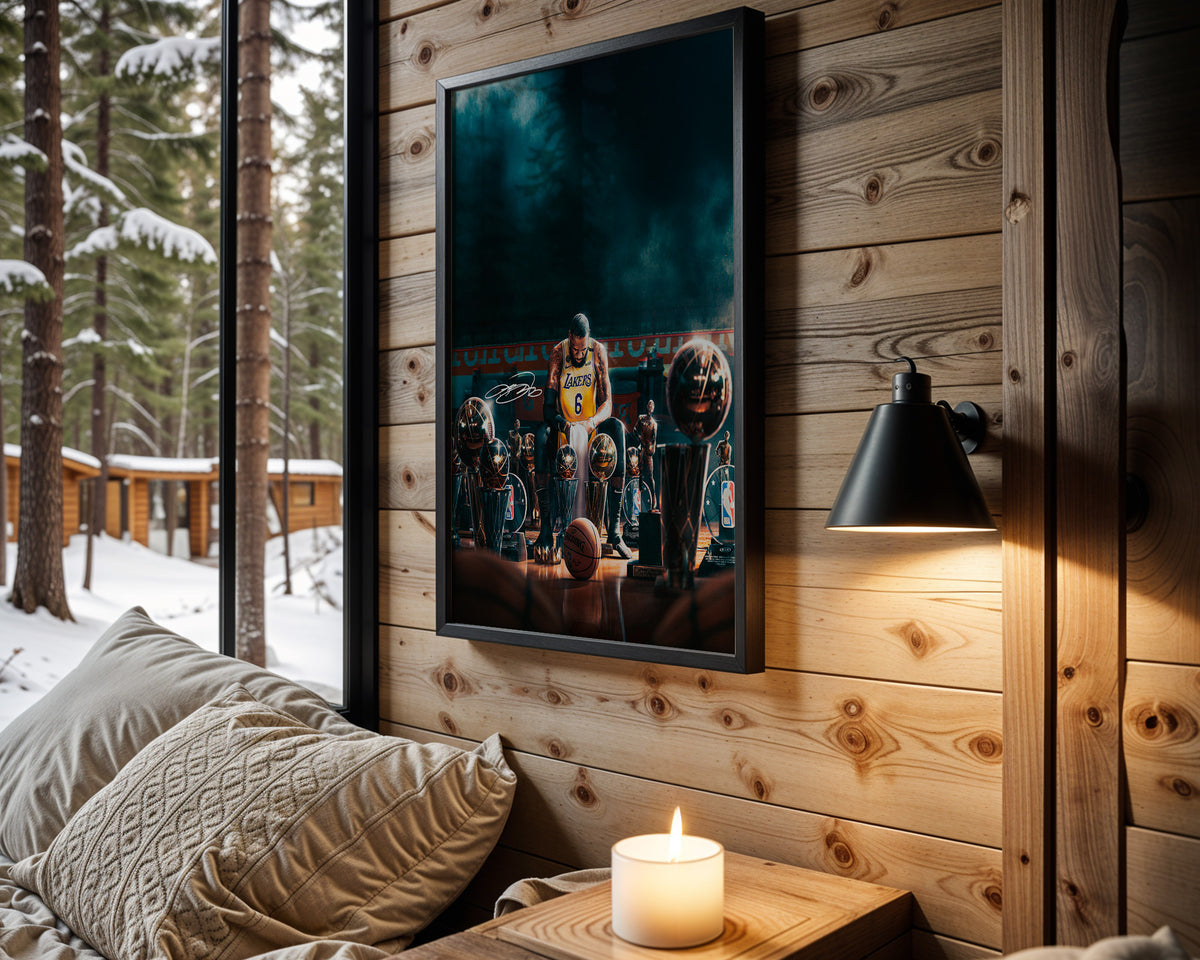 LeBron James Championship Legacy framed basketball artwork in a cabin interior