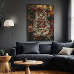 Michael Jordan Floral White basketball wall art displayed in a modern living room