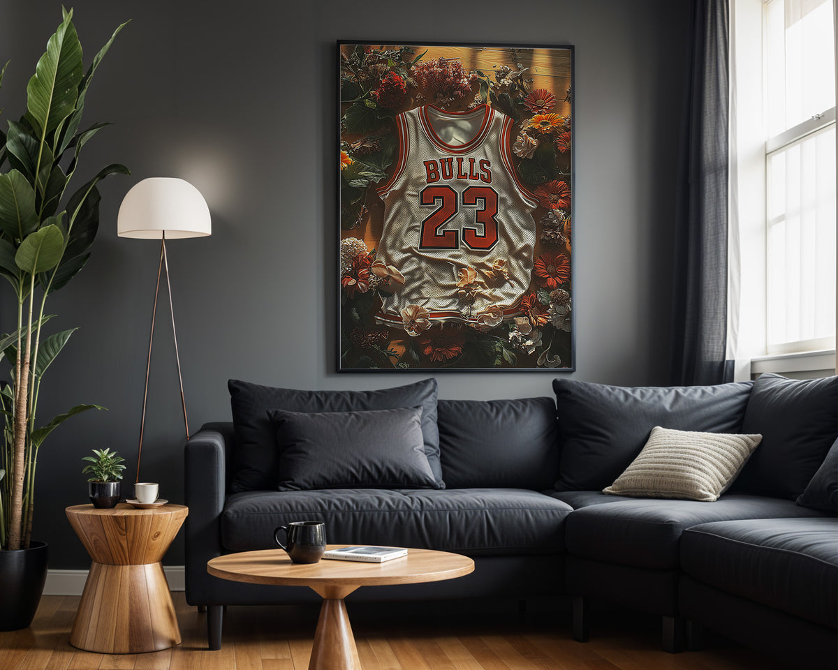 Michael Jordan Floral White basketball wall art displayed in a modern living room