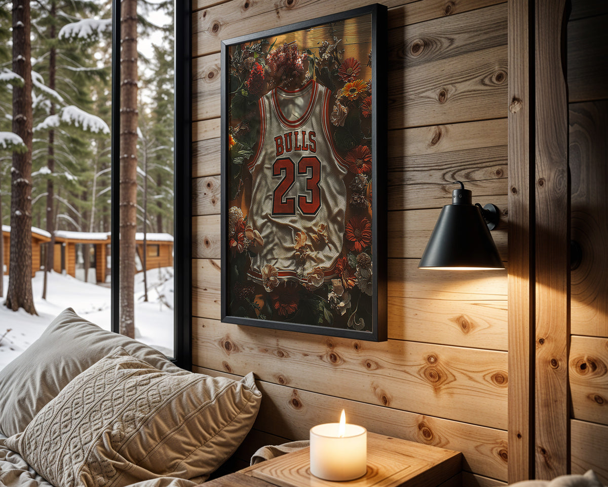 Michael Jordan Floral White framed basketball artwork in a cabin interior