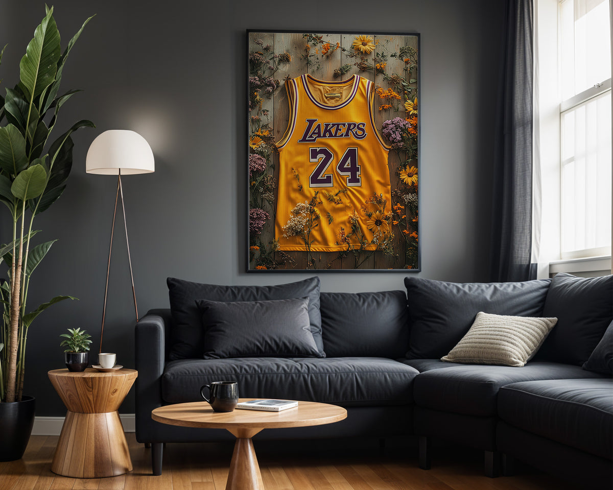 Kobe Bryant Floral Gold basketball wall art displayed in a modern living room