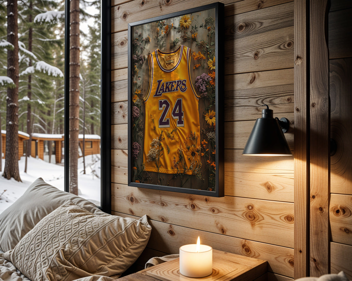 Kobe Bryant Floral Gold framed basketball artwork in a cabin interior