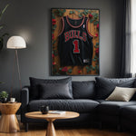 Derrick Rose Black Floral basketball wall art displayed in a modern living room