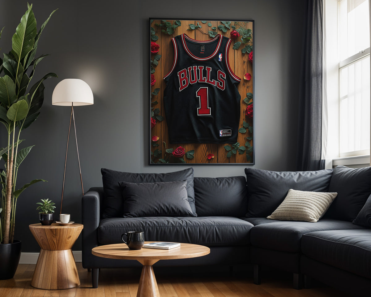 Derrick Rose Black Floral basketball wall art displayed in a modern living room