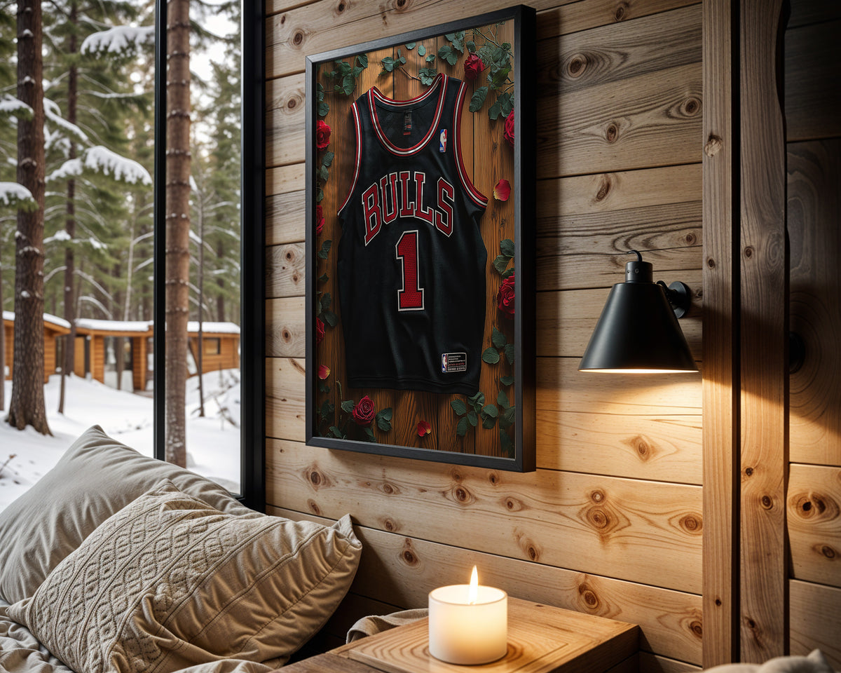 Derrick Rose Black Floral framed basketball artwork in a cabin interior