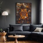 LeBron James Floral Gold basketball wall art displayed in a modern living room