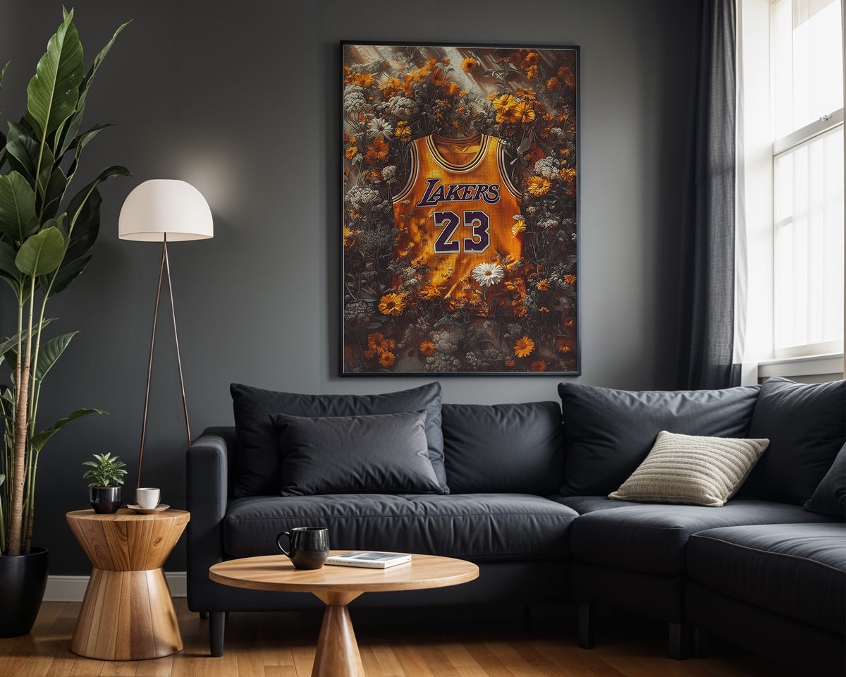 LeBron James Floral Gold basketball wall art displayed in a modern living room
