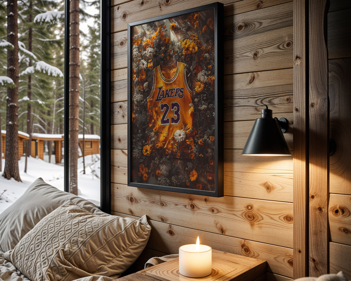 LeBron James Floral Gold framed basketball artwork in a cabin interior