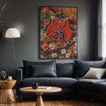 Michael Jordan Floral Red basketball wall art displayed in a modern living room