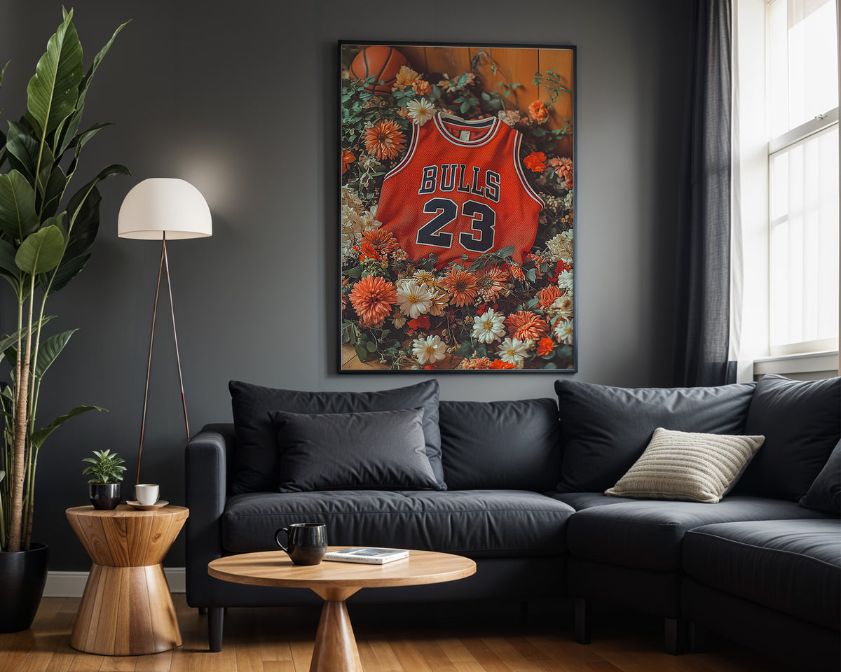 Michael Jordan Floral Red basketball wall art displayed in a modern living room