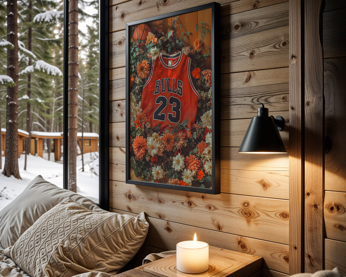 Michael Jordan Floral Red framed basketball artwork in a cabin interior