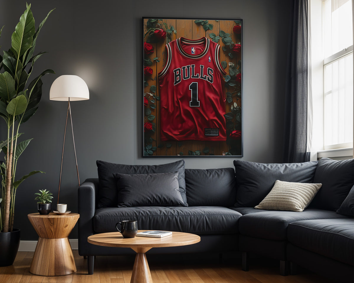 Derrick Rose Red Roses basketball wall art displayed in a modern living room