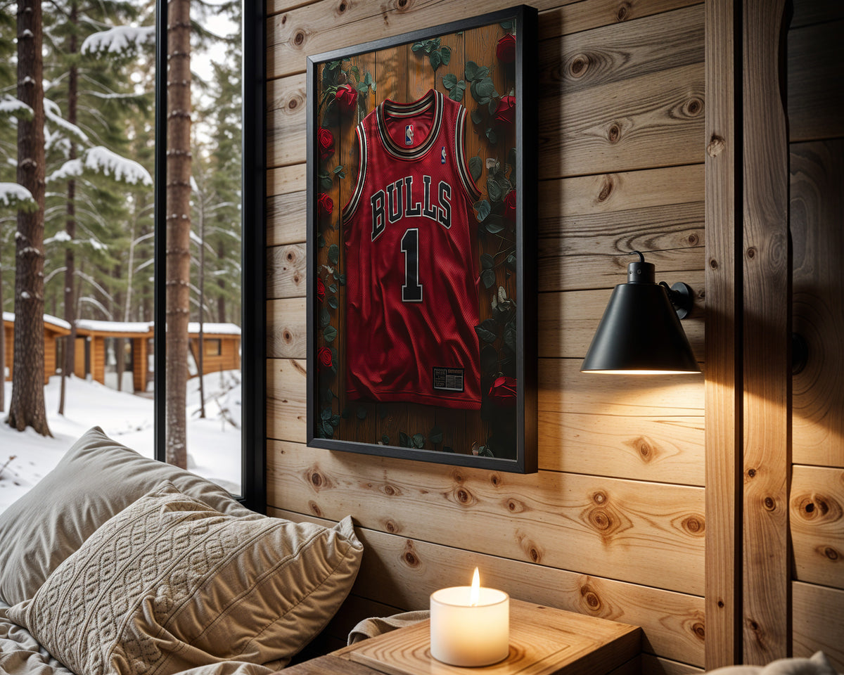 Derrick Rose Red Roses framed basketball artwork in a cabin interior