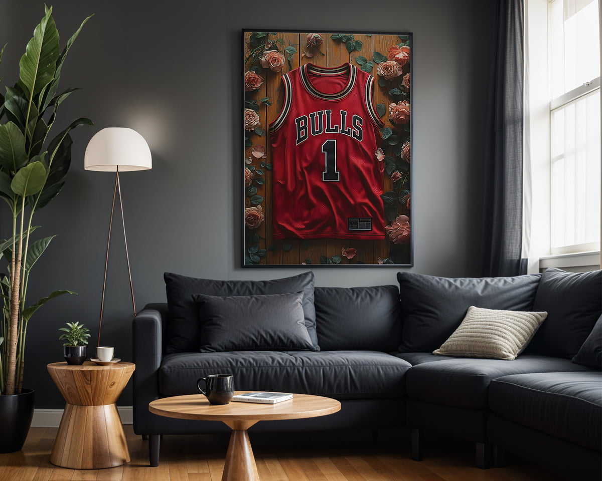 Derrick Rose Chicago Legacy basketball wall art displayed in a modern living room