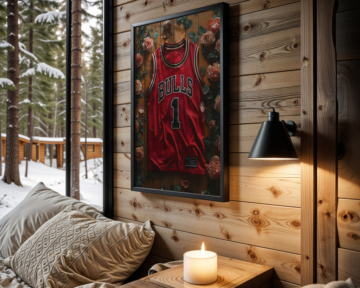 Derrick Rose Chicago Legacy framed basketball artwork in a cabin interior