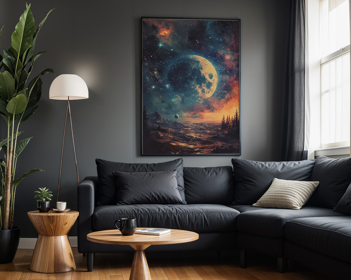 Nebula Orbit space wall art – dark lounge view