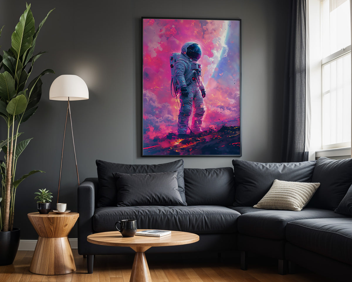 Neon Astronaut space wall art – dark lounge view