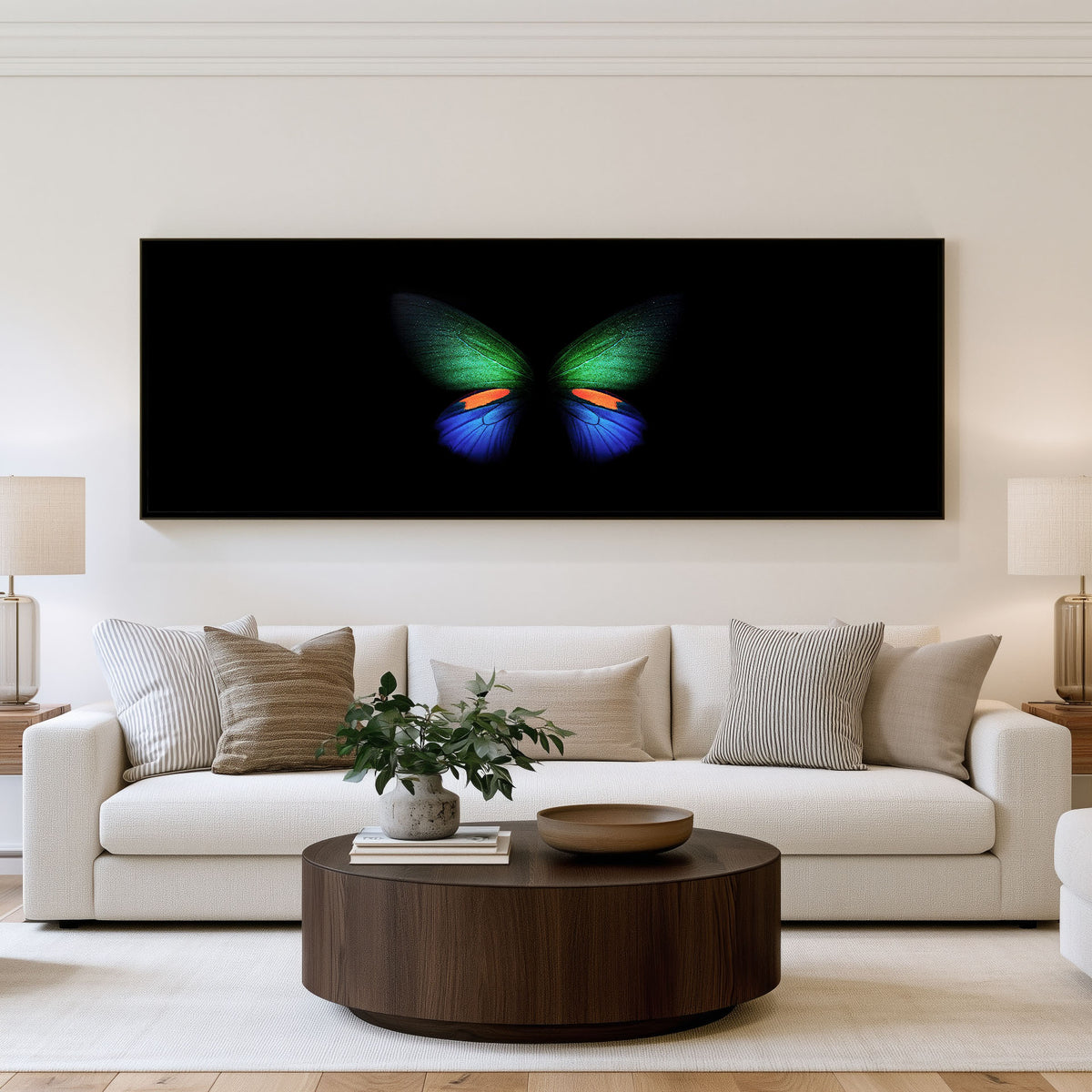 Prismatic Butterfly Panoramic Wall Art shown in a living room