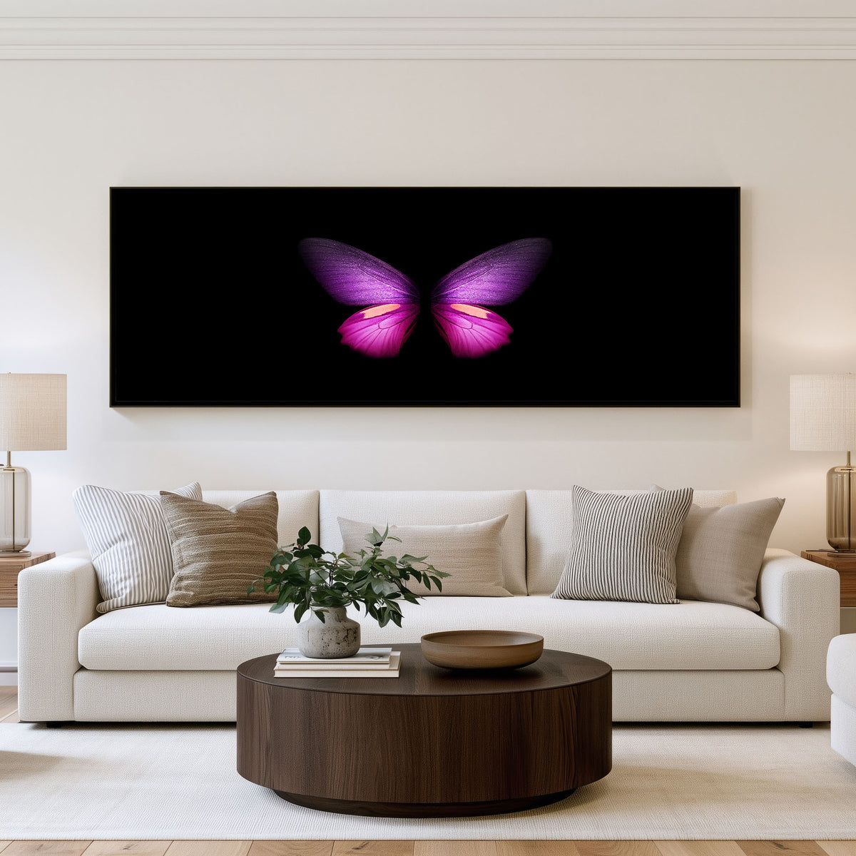 Neon Butterfly Panoramic Wall Art shown in a living room