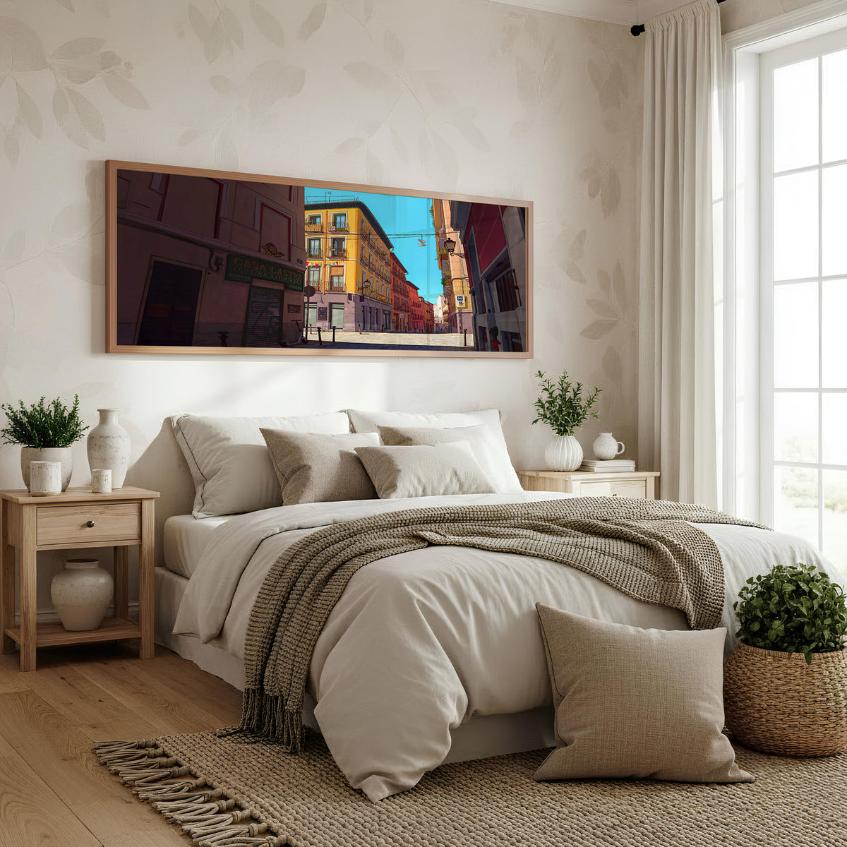 Sunlit City Stories Panoramic Wall Art shown in a bedroom