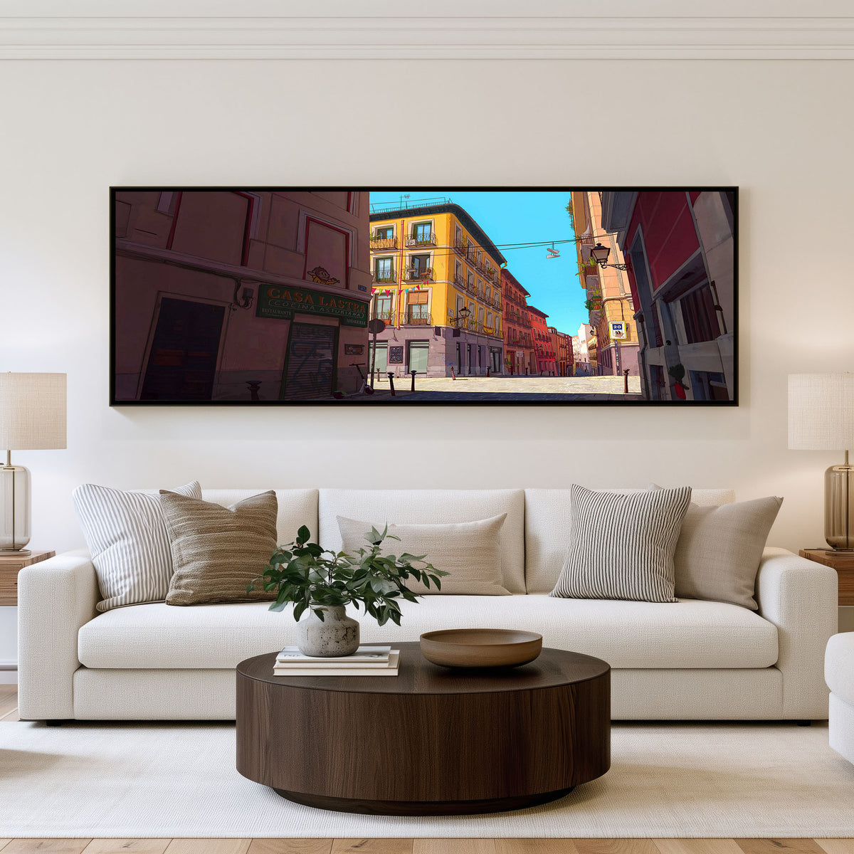 Sunlit City Stories Panoramic Wall Art shown in a living room