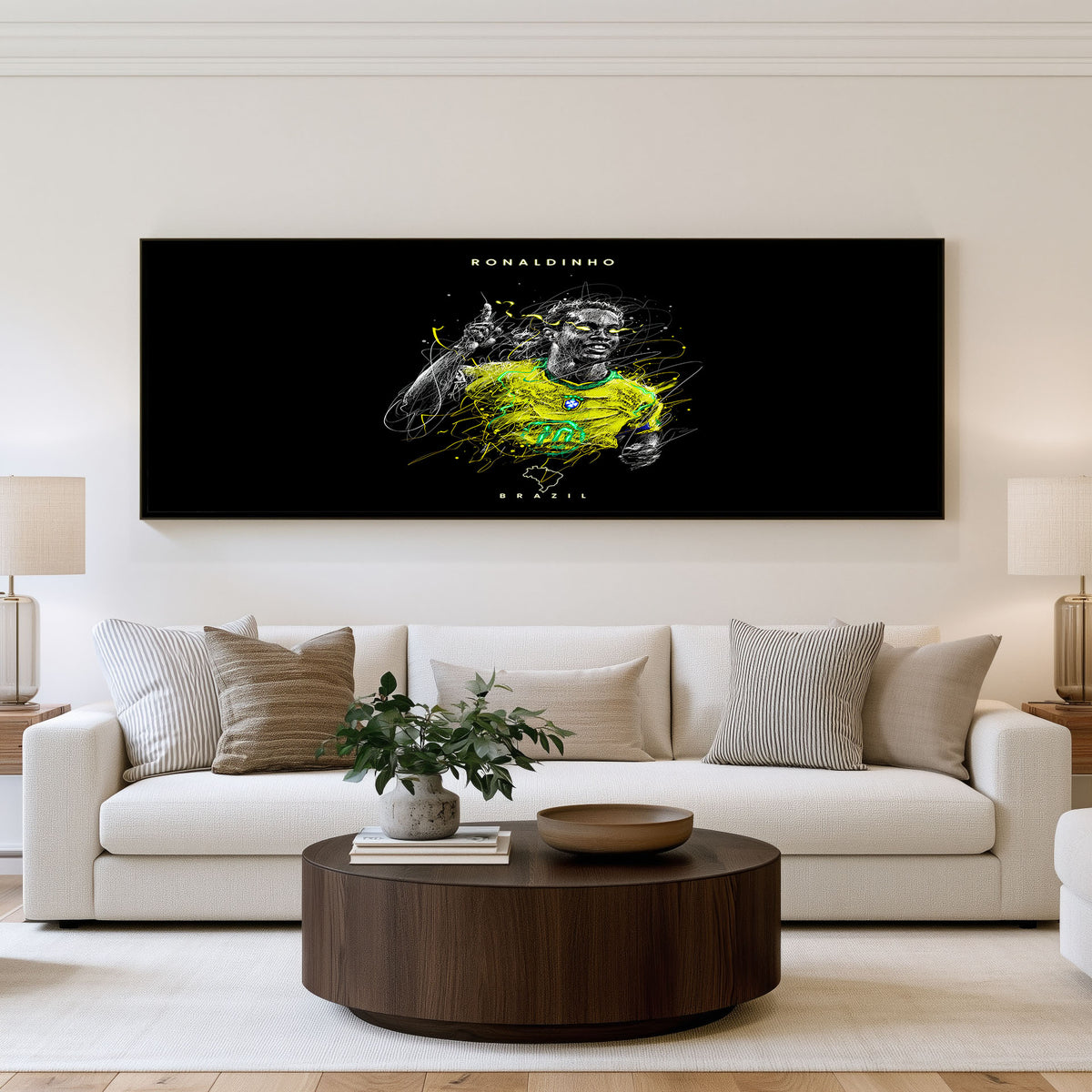 Ronaldinho Brazil Energy Panoramic Wall Art shown in a living room