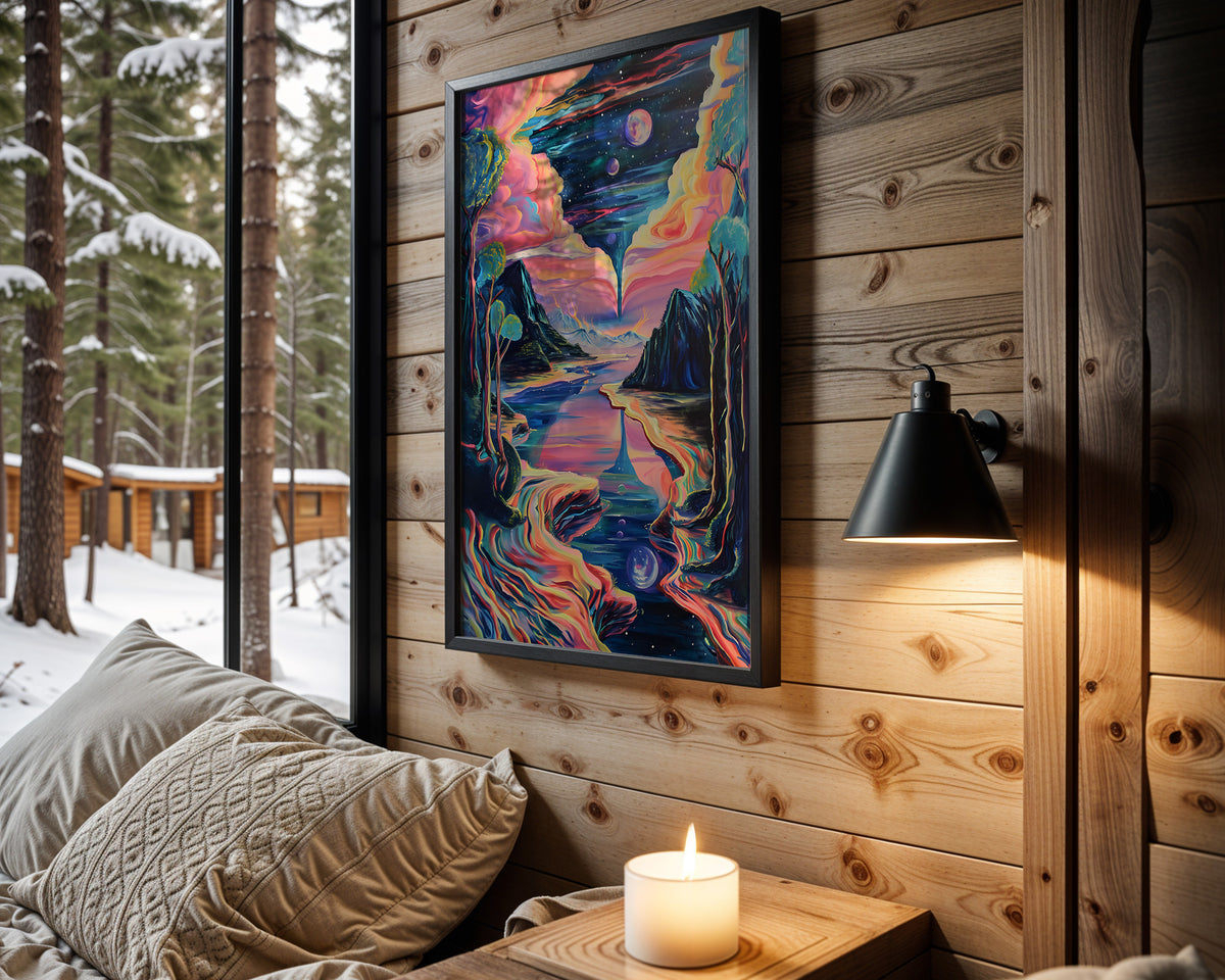 Neon Current psychedelic wall art – cabin room view