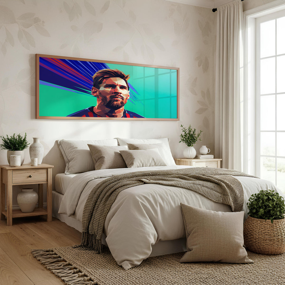 Neon Football Icon Panoramic Wall Art shown in a bedroom