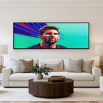 Neon Football Icon Panoramic Wall Art shown in a living room