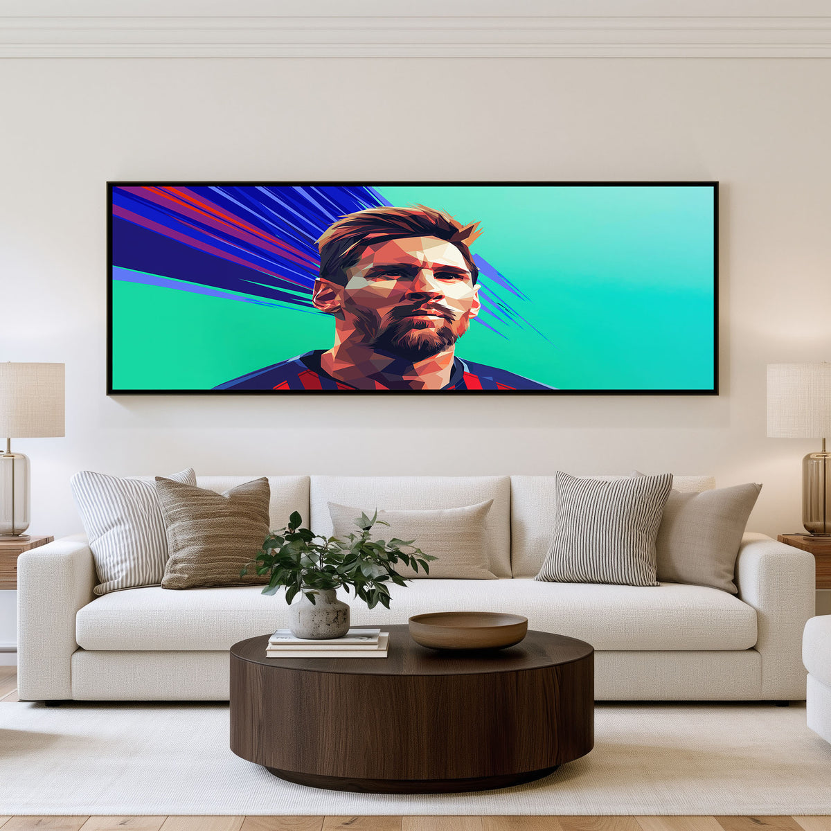 Neon Football Icon Panoramic Wall Art shown in a living room
