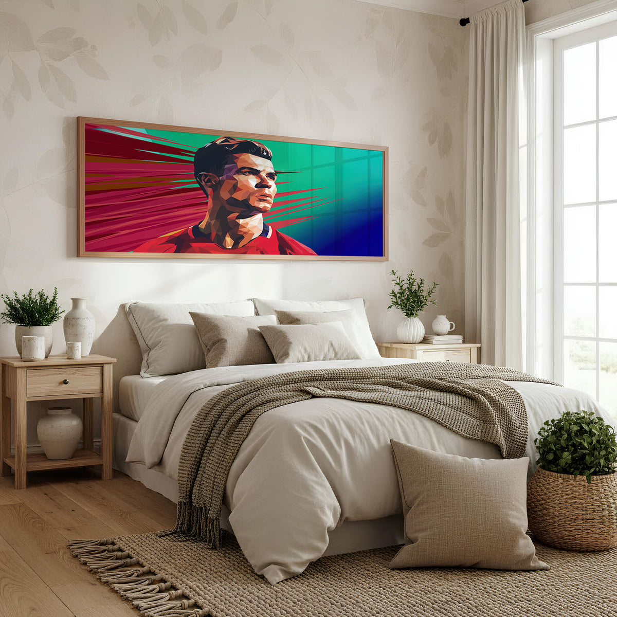 Neon Football Legend Panoramic Wall Art shown in a bedroom