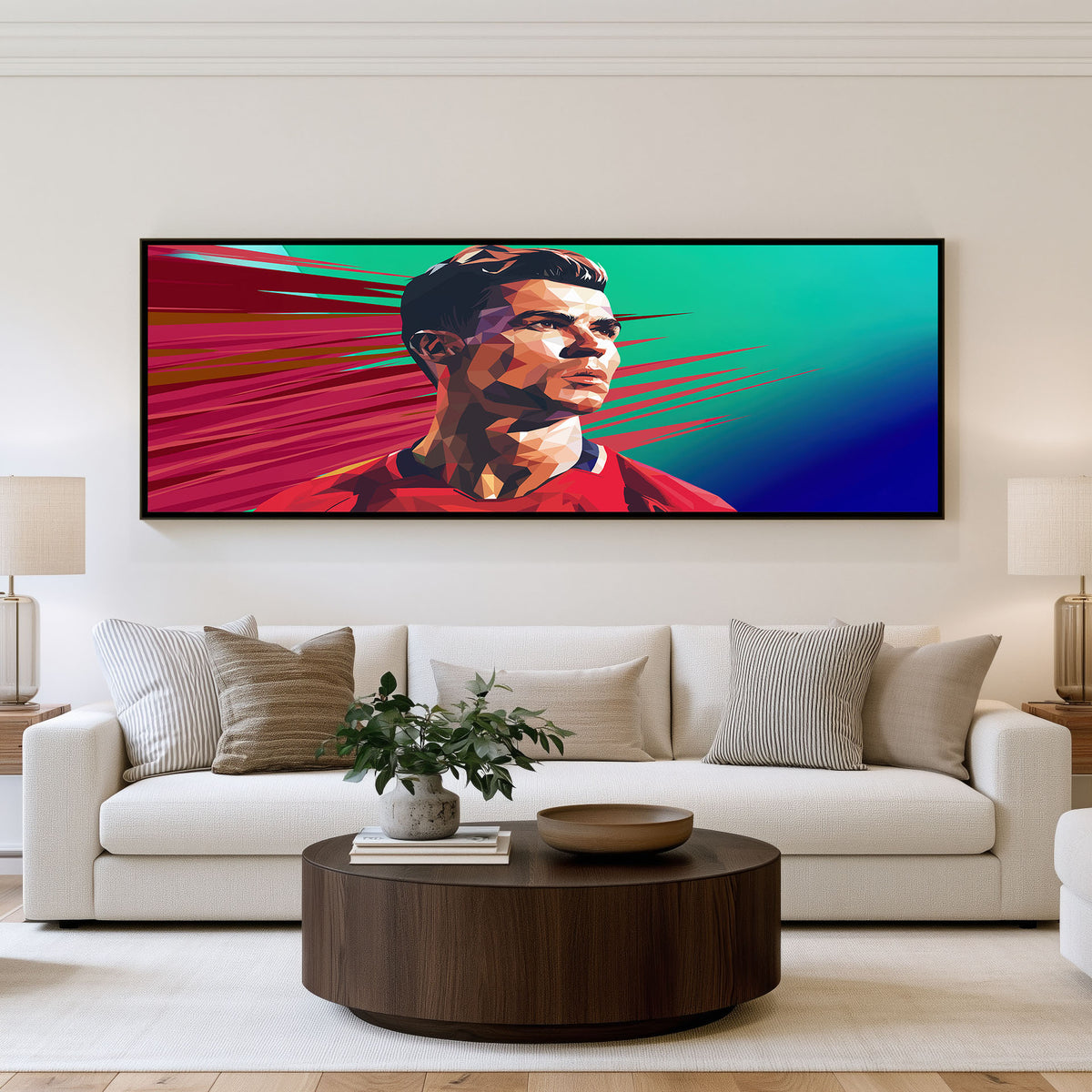 Neon Football Legend Panoramic Wall Art shown in a living room