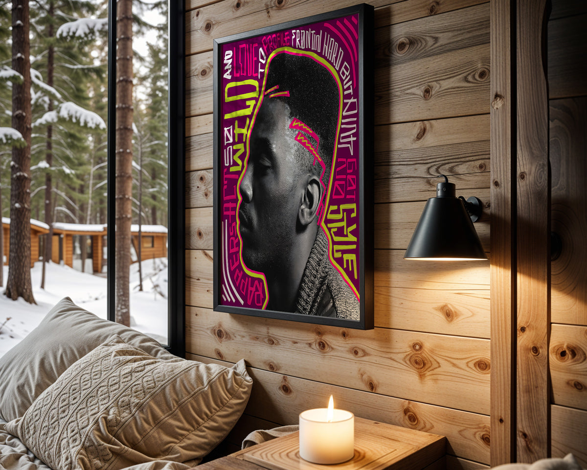 Neon Frequency wall art in cabin interior