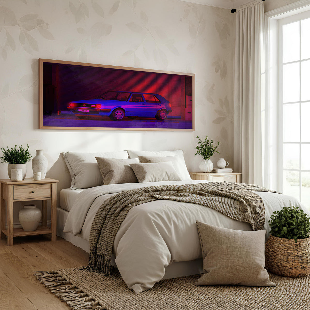 Neon Highway Panoramic Wall Art shown in a bedroom
