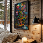 Neon Labyrinth psychedelic wall art – cabin room view