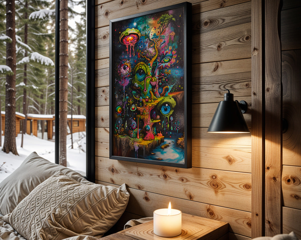 Neon Labyrinth psychedelic wall art – cabin room view