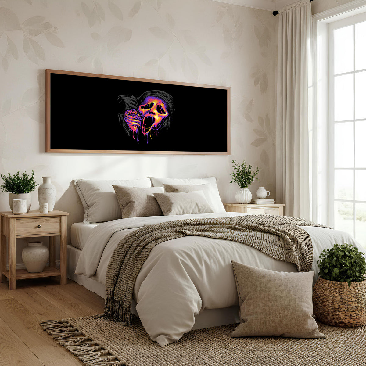 Neon Mask Panoramic Wall Art shown in a bedroom