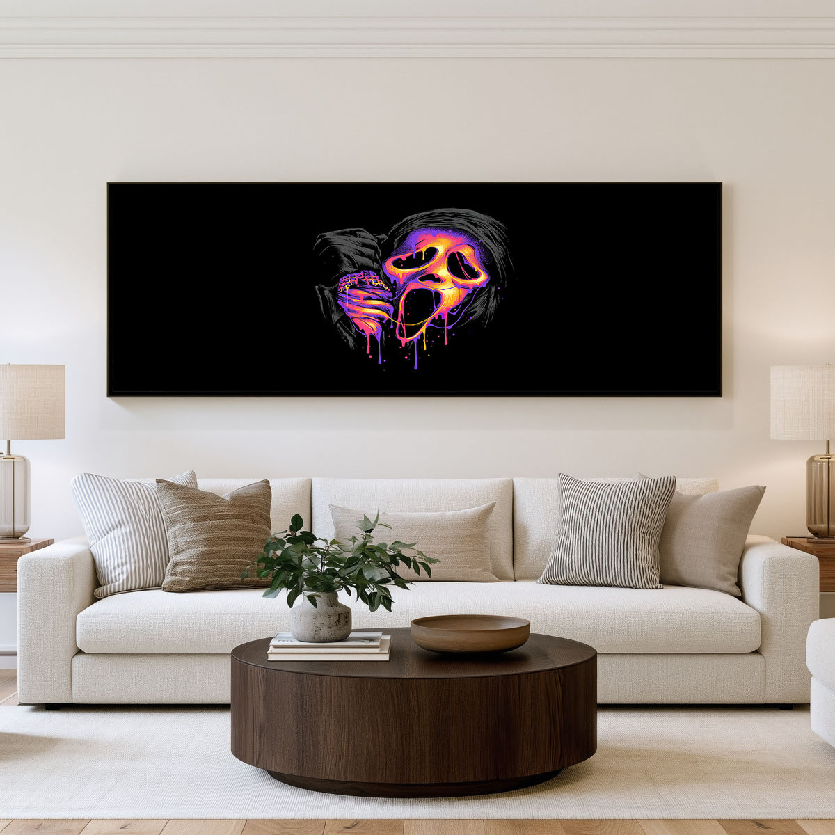 Neon Mask Panoramic Wall Art shown in a living room