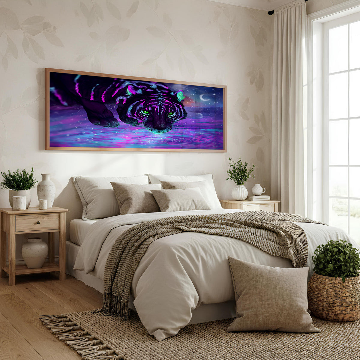 Violet Tiger Panoramic Wall Art shown in a bedroom
