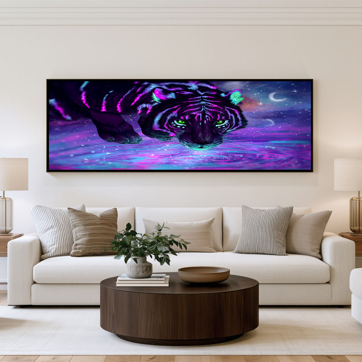 Violet Tiger Panoramic Wall Art shown in a living room
