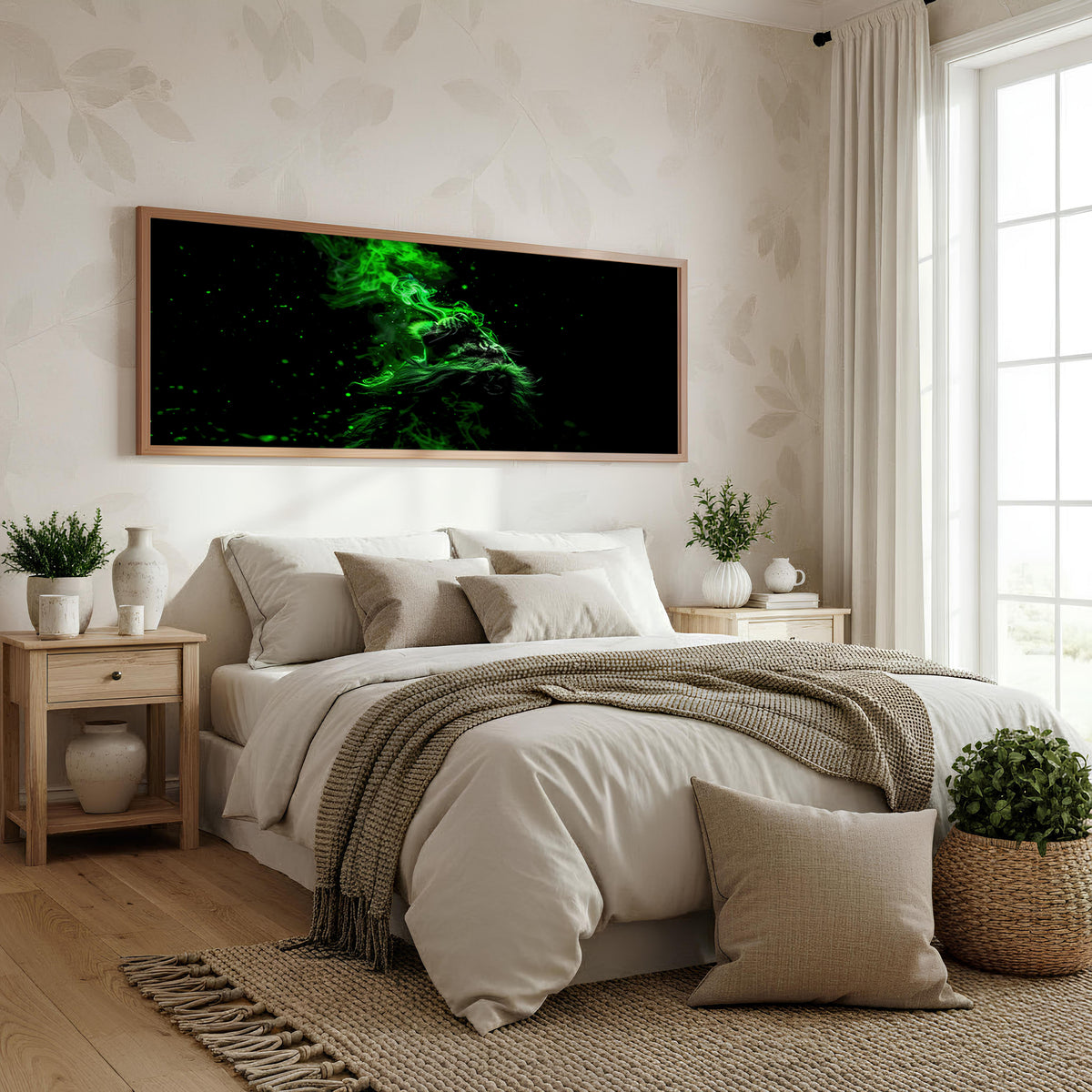 Emerald Dragon Panoramic Wall Art shown in a bedroom