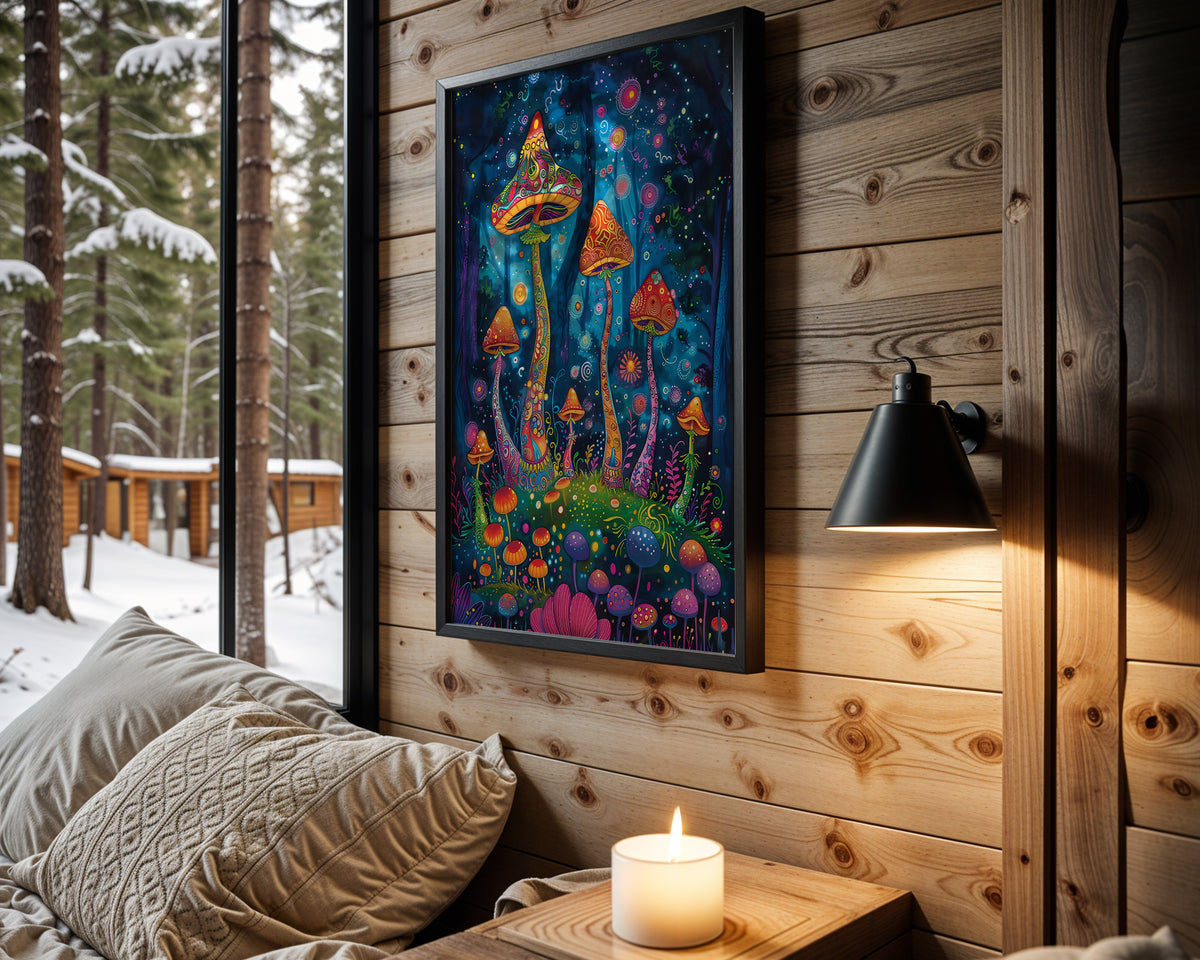 Neon Rorschach psychedelic wall art – cabin room view