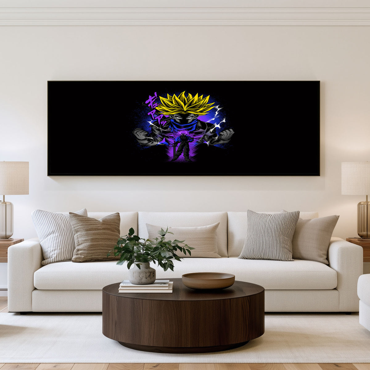 Golden Saiyan Power Panoramic Wall Art shown in a living room