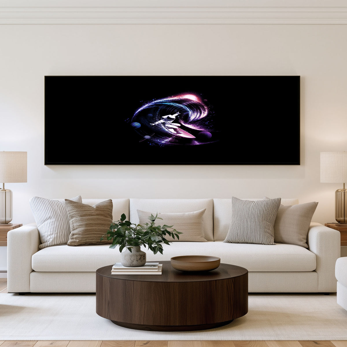 Cosmic Saiyan Spiral Panoramic Wall Art shown in a living room
