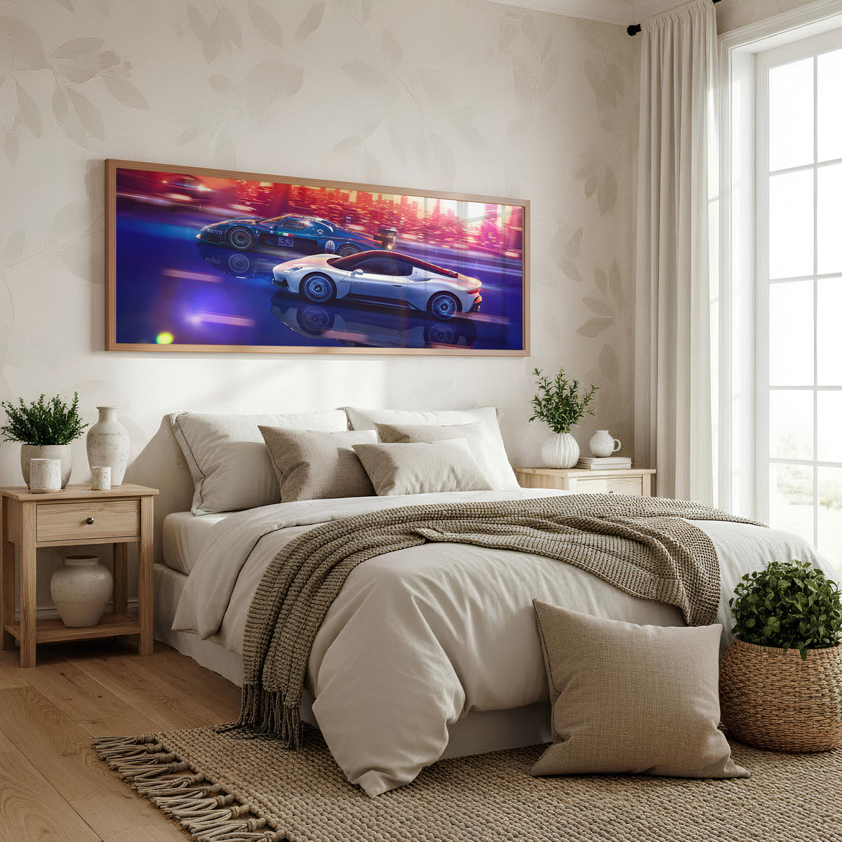 Neon Supercar panoramic car wall art shown in a bedroom