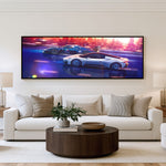 Neon Supercar panoramic car wall art shown in a living room