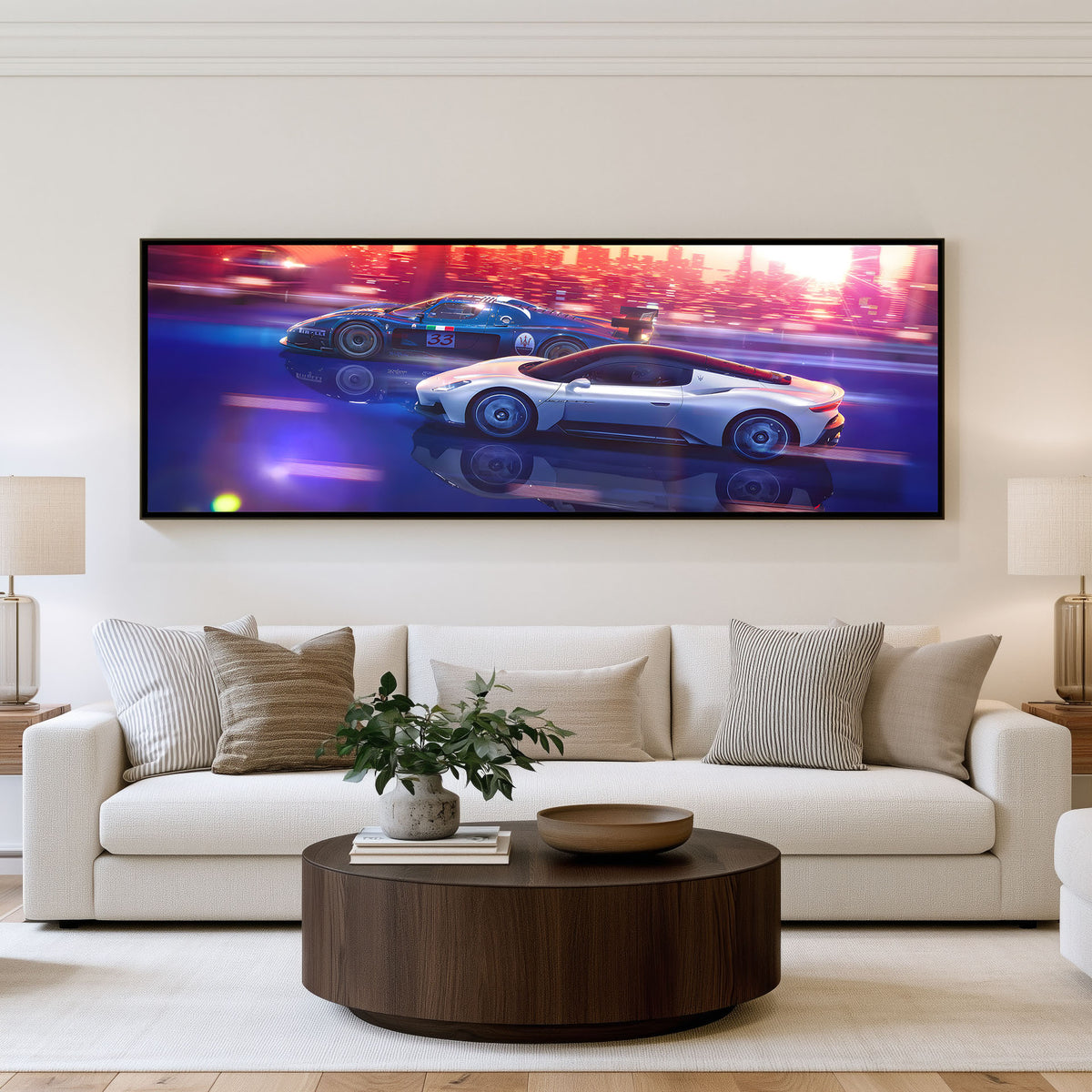Neon Supercar panoramic car wall art shown in a living room